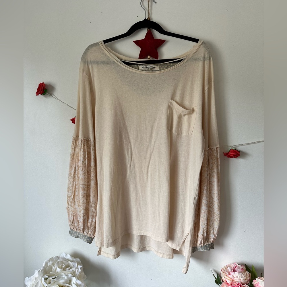 Free People Jade Printed Sleeve Cream Pocket Elegant Women's Top S M L - Picture 7 of 12